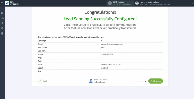 Sendlane and Facebook integration | Click "Finish setup"