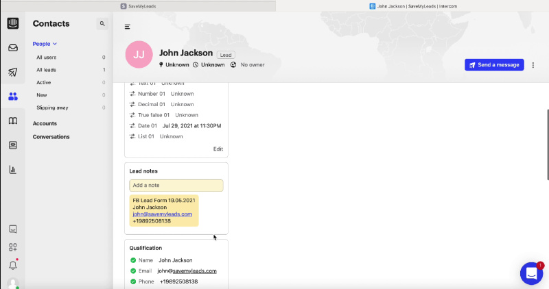 How to Create Intercom Leads from New Facebook Leads | Data test result