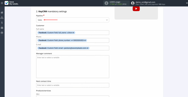 Facebook and KeyCRM integration | Select the pipeline to create new leads