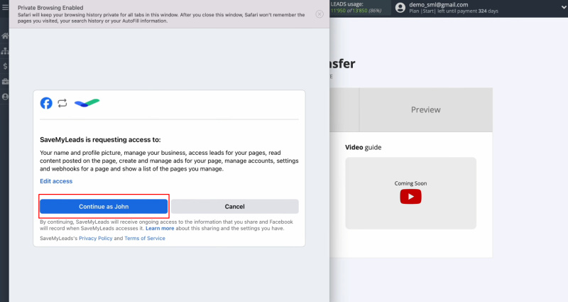 PeopleForce and Facebook integration | Click on the “Continue as…”