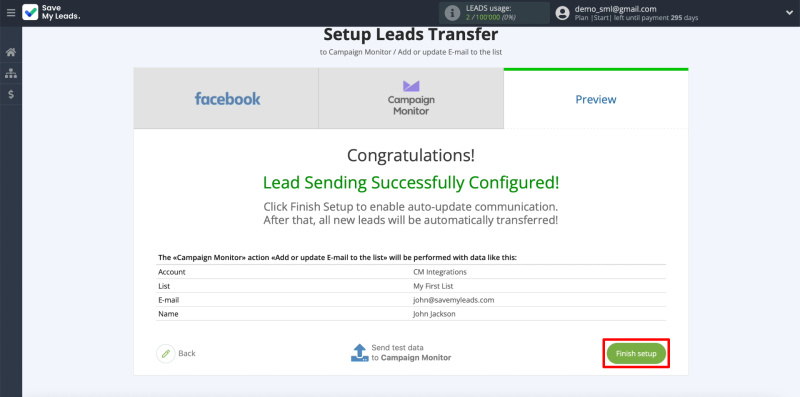 Facebook and Campaign Monitor integration | Finishing setup