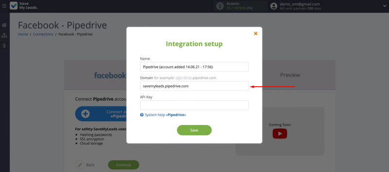 Facebook and Pipedrive integration | Paste the domain