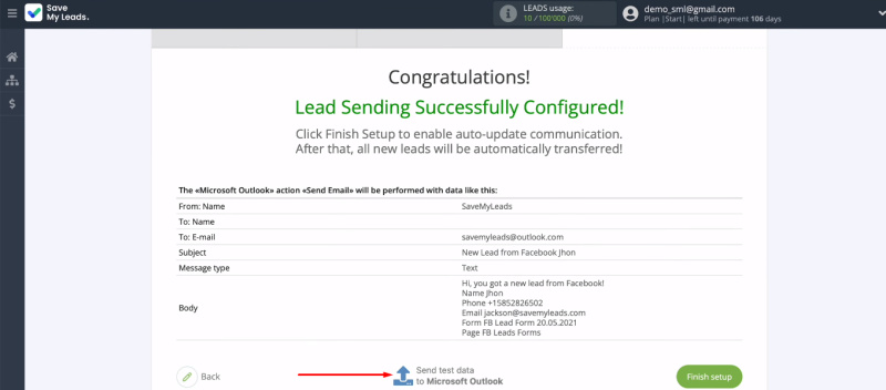 Facebook and Microsoft Outlook integration | Send test data to Outlook