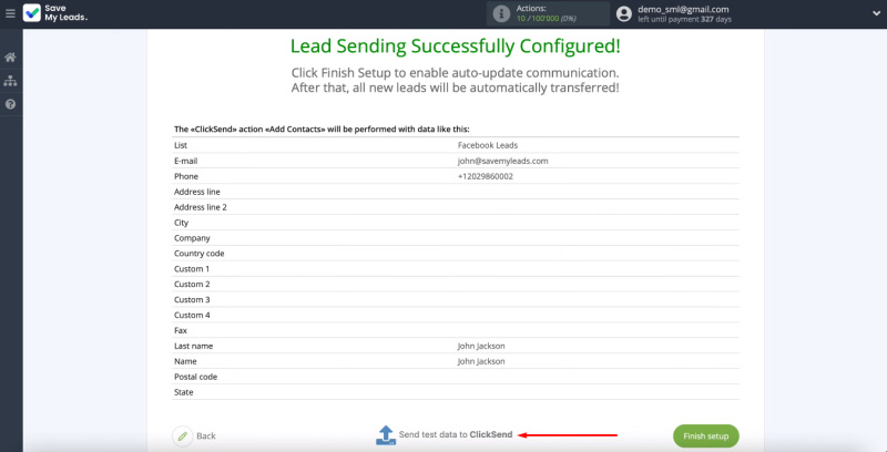 Facebook and ClickSend integration | Click “Send test data to ClickSend”