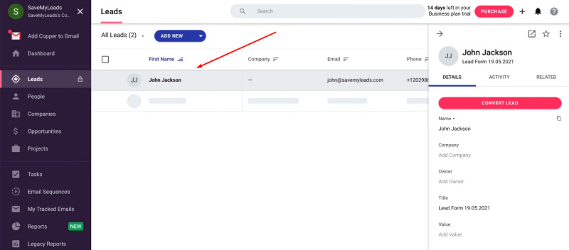 Facebook and Copper integration | Check the correctness of adding a test lead