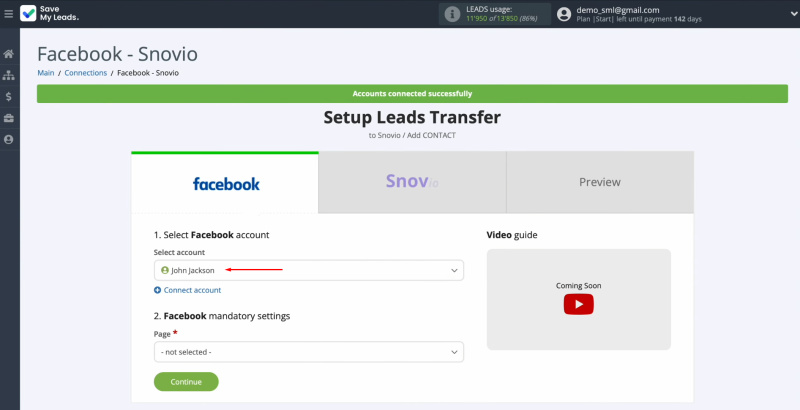 Snov.io and Facebook integration | Select the connected login