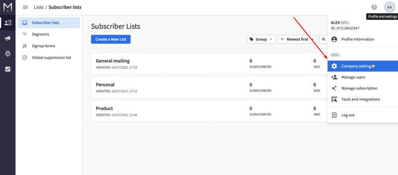 Facebook and Mailigen integration | Go to the settings in the Mailigen account