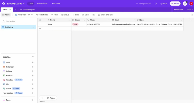 Facebook and Airtable integration | Result of connecting