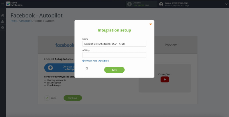 API key entry window
