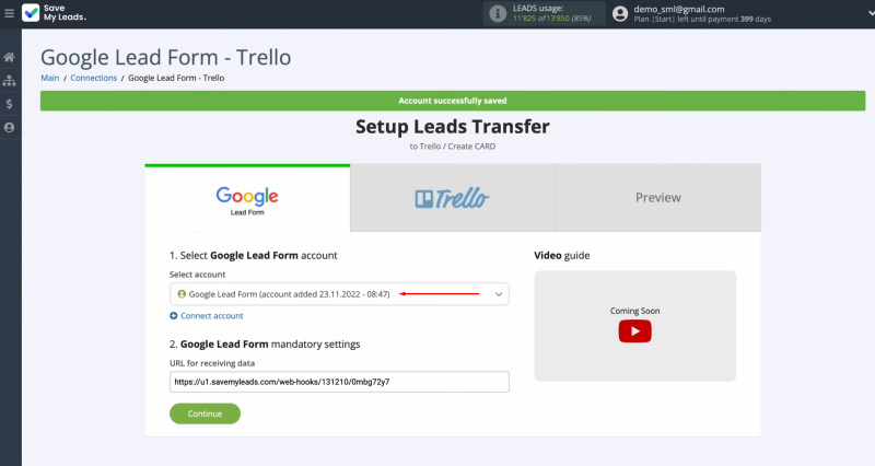 Google Lead Form and Trello integration | Select the connected account
