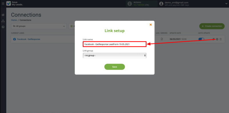 How To Set Up New Leads From Facebook To GetResponse | Editing the name of the connection