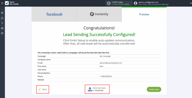 Facebook and Instantly integration | Click “Back” or “Send test data to Instantly”