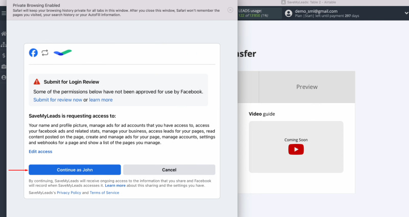 Facebook and Airtable integration | Click “Continue as…”