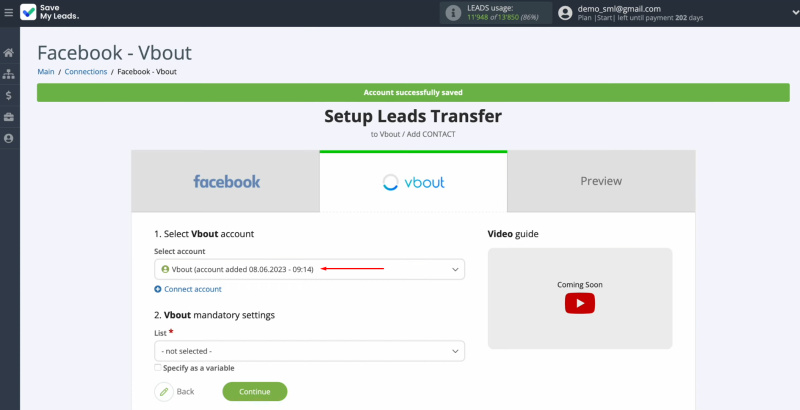 Facebook and Vbout integration | Select the connected account