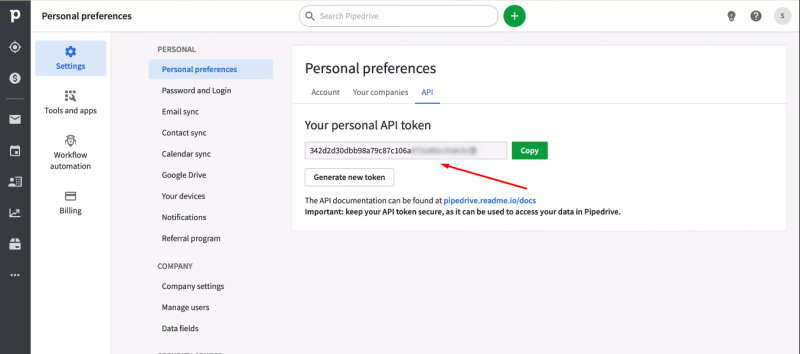 Facebook and Pipedrive integration | Copy API Key