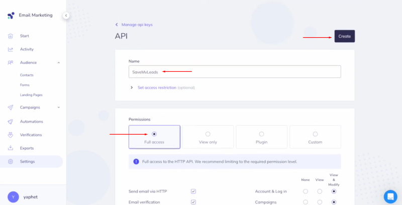 Elastic Email and Facebook integration | Specify a name for the new key