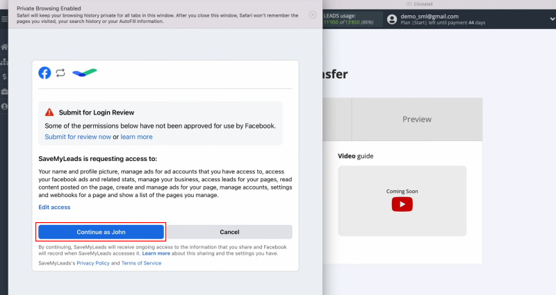 Facebook and Clickatell integration | Click “Continue as…”
