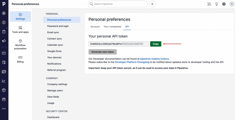 Pipedrive and Google Ads Lead Form integration | Copy the API key