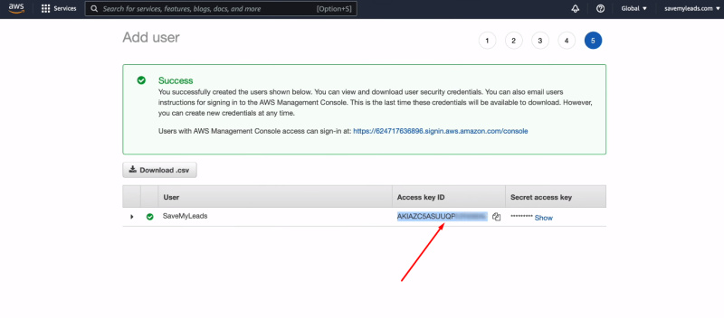 Facebook and Amazon SES integration | Copy the Access key ID