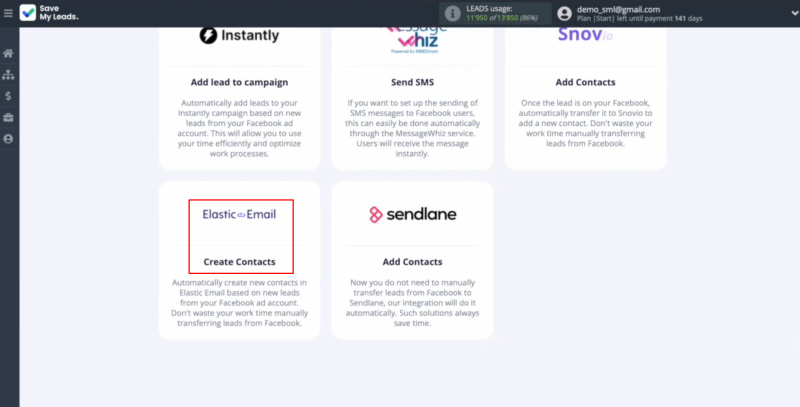 Elastic Email and Facebook integration | Select the system where you want to transfer new leads