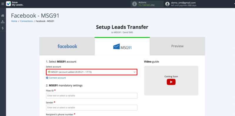 Facebook and MSG91 integration | Selecting MSG91 account&nbsp;