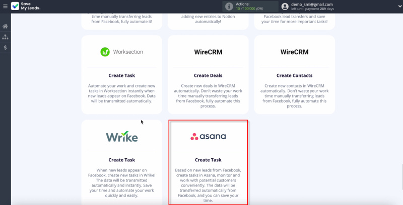 Transfer leads from Facebook Lead Ads to Asana | Specify the template of the system to which you want to transfer data