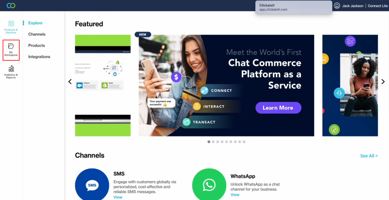 Facebook and Clickatell integration | Select the "My Workspace" section