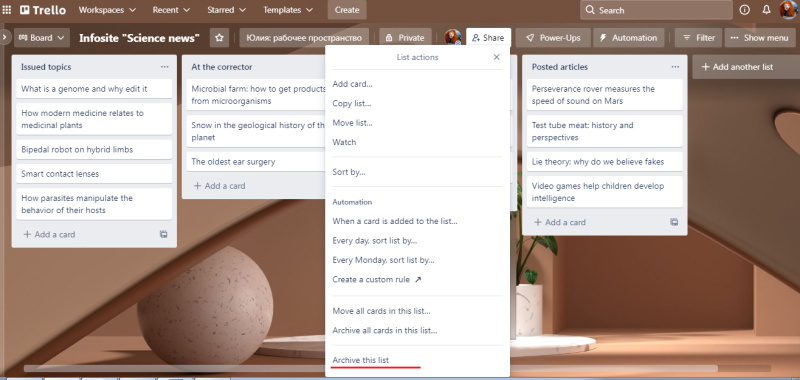 Remove a list in Trello |&nbsp;Click on "Archive this list"