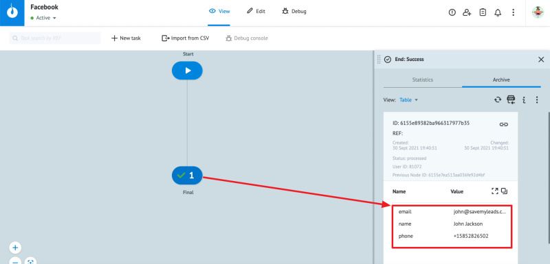 How to set up uploading new leads from a Facebook ad account in Corezoid | Checking the display of test data in Corezoid
