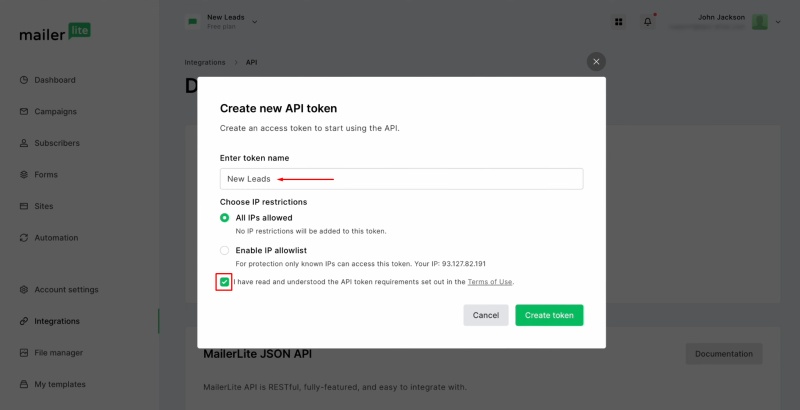 MailerLite and TikTok integration | Give the token a name, check the box, and click "Create token"
