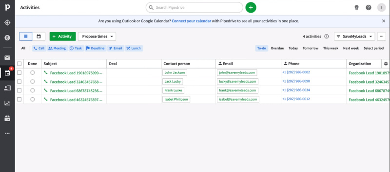 Facebook and Pipedrive integration | Tasks in the Pipedrive