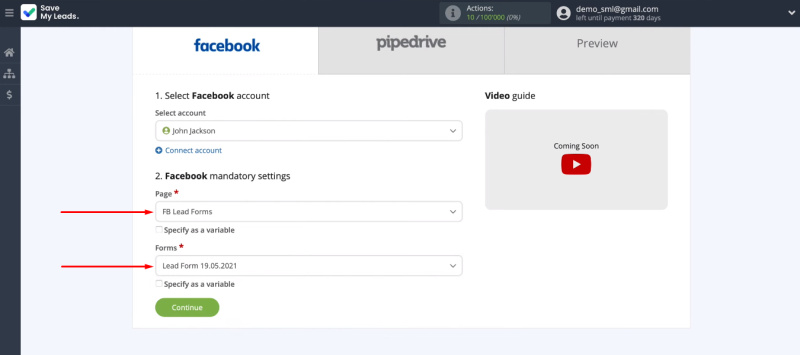 Facebook and Pipedrive integration | Select Ad page and lead-form