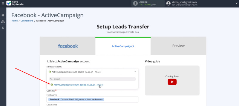 Facebook and ActiveCampaign integration | Select the ActiveCampaign account