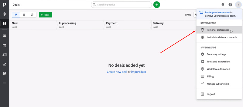 Facebook and Pipedrive integration | Go to profile settings
