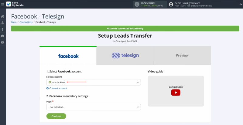 Telesign and Facebook integration | Select the connected account