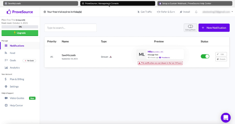 How to Automatically Send Data to ProveSource from Facebook Leads | ProveSource personal account window