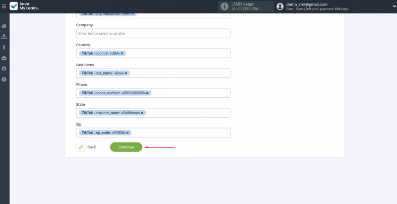 MailerLite and TikTok integration | Click "Continue"