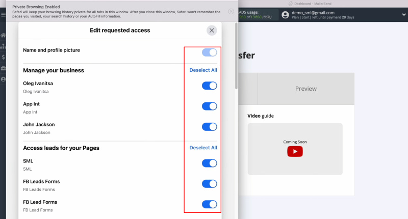 Facebook and MailerSend integration | Leave all access checkboxes enabled