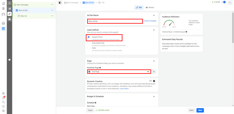 How to Set Up Facebook Lead Form Ads | Enter the name of the ad group, select the lead generation method and the associated page