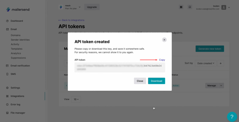 Facebook and MailerSend integration | Copy the token