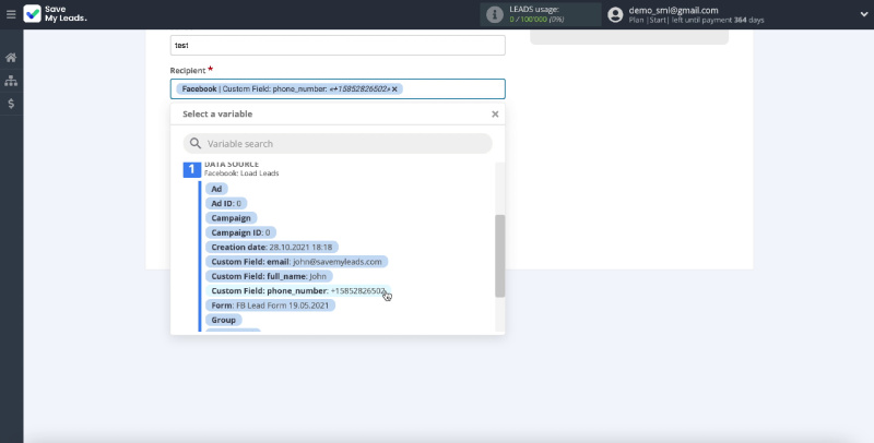Set a variable in the Recipient field