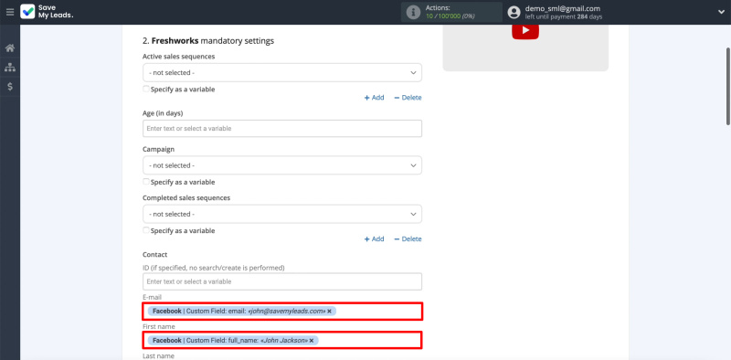 Facebook and Freshworks integration |&nbsp;Leave the extra fields blank