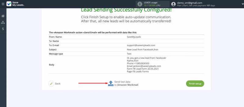 Facebook and Amazon WorkMail integration | Send test data