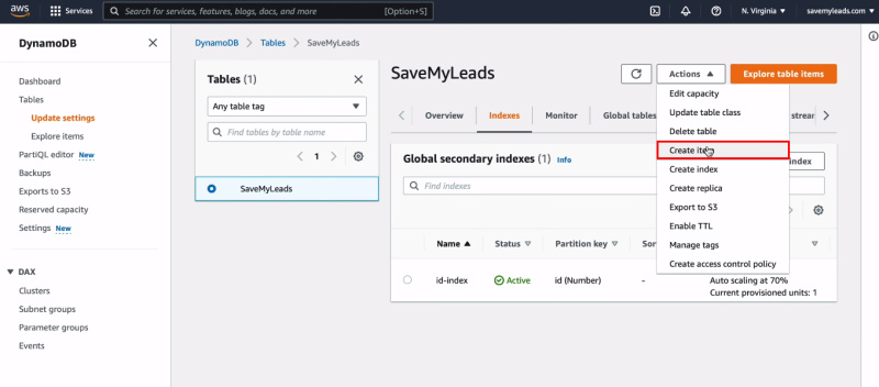 Facebook and Amazon DynamoDB integration | Click "Create item"