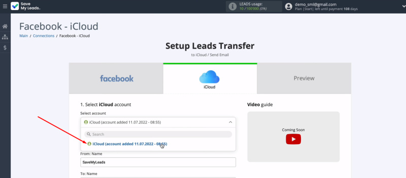 Facebook and iCloud integration | Select the connected iCloud account