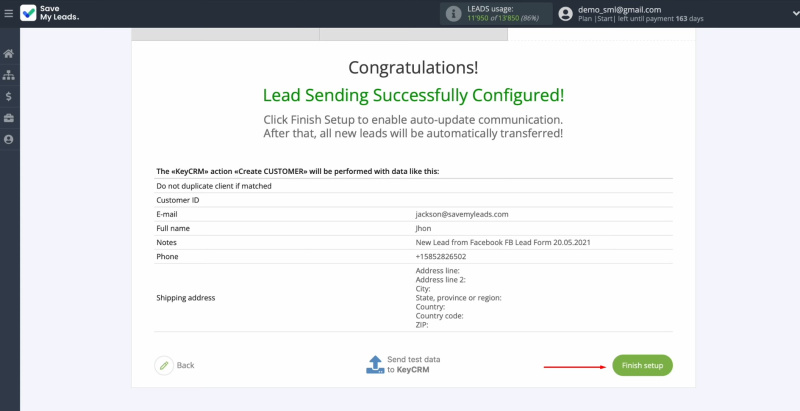 Facebook and KeyCRM integration | Click “Finish setup” to enable auto-update