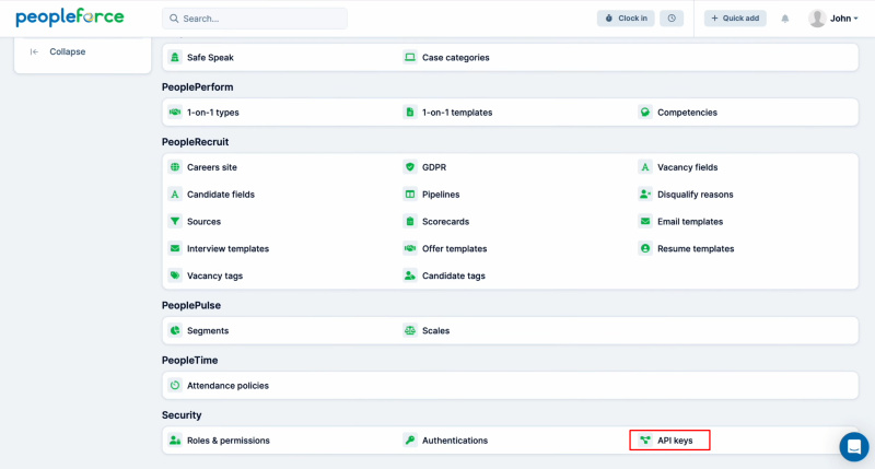 PeopleForce and Facebook integration | Find the “API keys” section