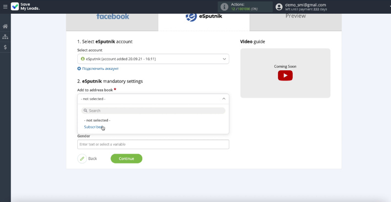 How to Send E-Mail via eSputnik from New Facebook Leads | Book selection