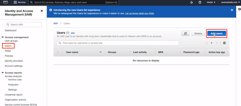 Facebook and Amazon SES integration | Click "Add users"