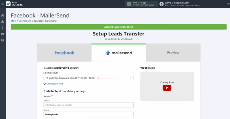 Facebook and MailerSend integration | Select the connected account
